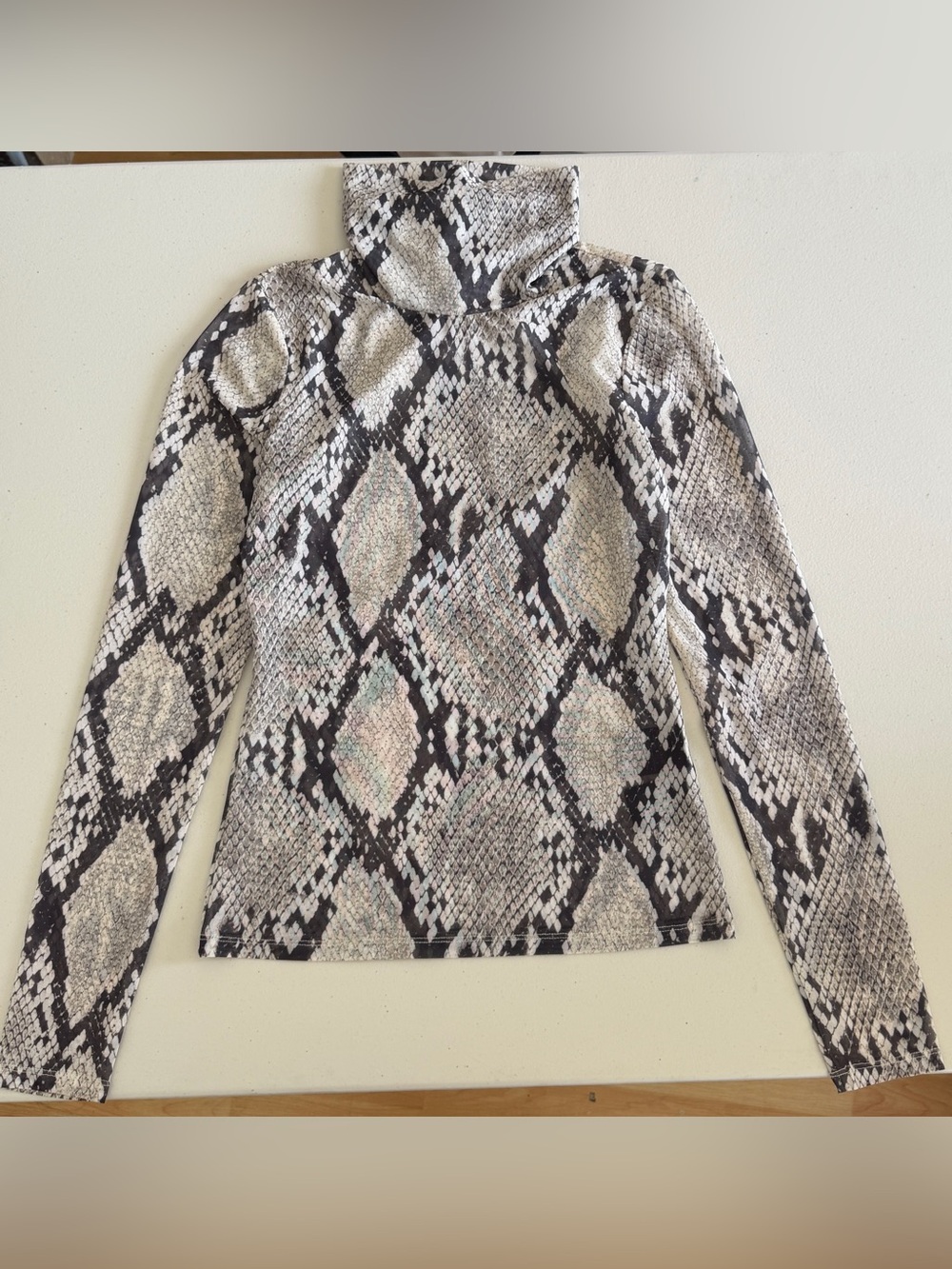 HM Womens Snakeskin Print Sheer Mesh Turtleneck Long Sleeve Top Grey Black S